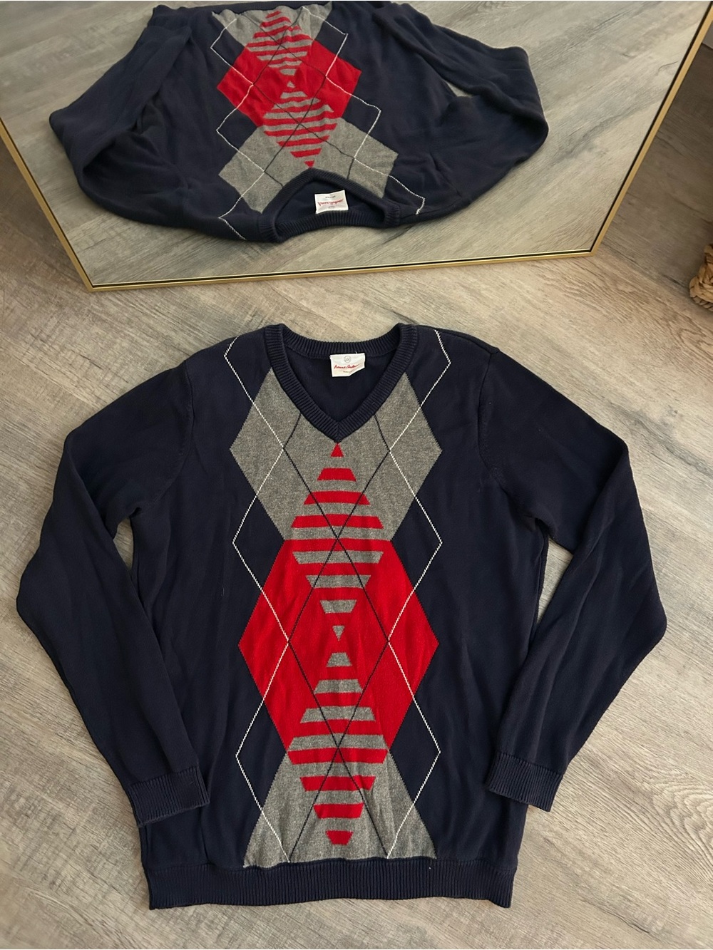 Hanna Andersson Kids Argyle V-Neck Sweater Navy Blue Red Gray Size 160 US 14